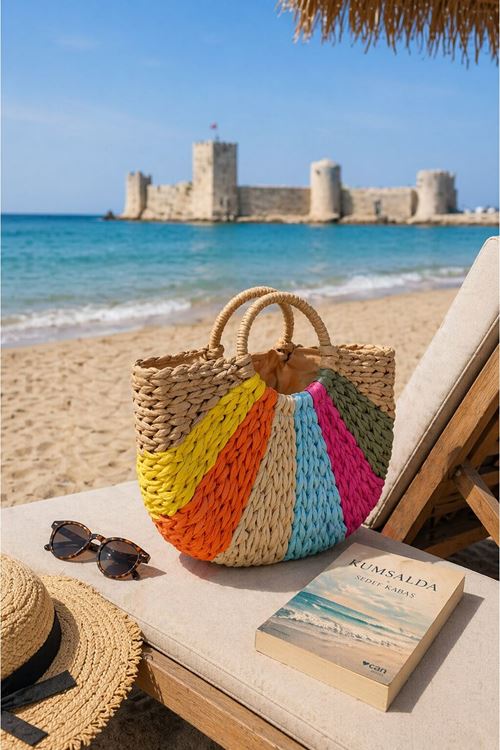 Women’s Colorful Handwoven Straw Beach Bag Shoulder Strap Summer Tote
