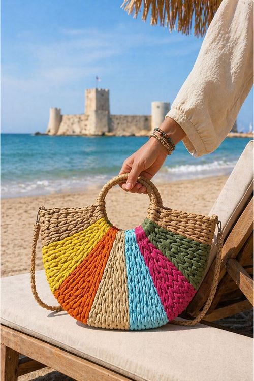 Women’s Colorful Handwoven Straw Beach Bag Shoulder Strap Summer Tote