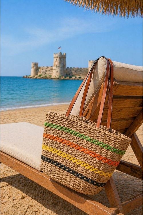 Women’s Straw Shoulder Bag Colorful Stripe Detail Beach & Holiday Tote