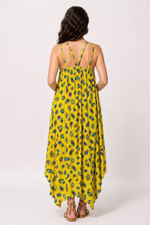 Kadın El İşi Nakışlı Keten Hamile Elbisesi Sarı Bohem Askılı Yazlık Elbise