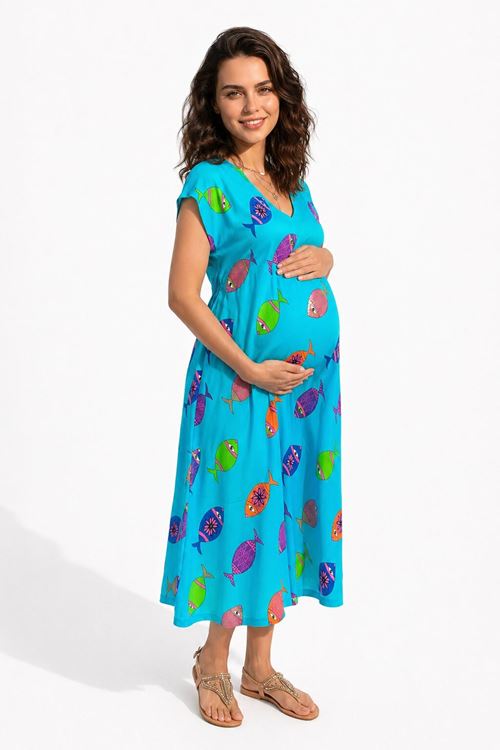 Kadın Yazlık Viskon Hamile Elbisesi Turkuaz Desenli Rahat Kesim Elbise