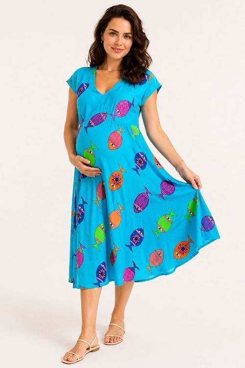 Kadın Yazlık Viskon Hamile Elbisesi Turkuaz Desenli Rahat Kesim Elbise