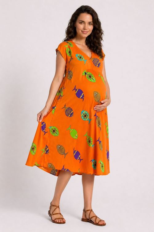 Kadın Viskon Hamile Elbisesi Turuncu Balık Desenli Yazlık Günlük Elbise