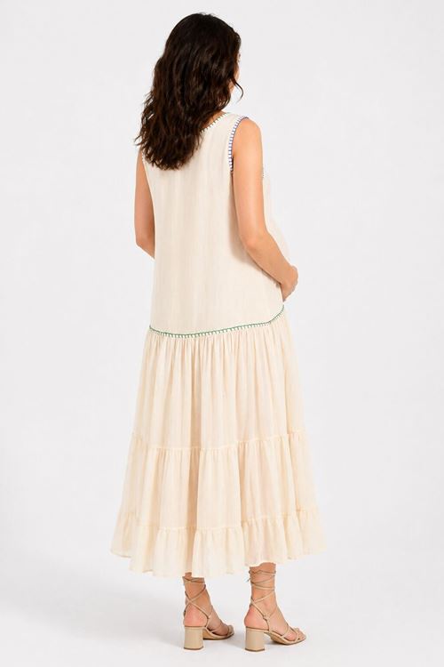 Kadın Ekru Nakışlı Hamile Elbisesi Kolsuz Yazlık Bohem Rahat Kesim Elbise