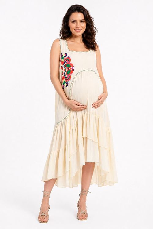 Women’s Ecru Embroidered Maternity Dress Sleeveless Boho Summer