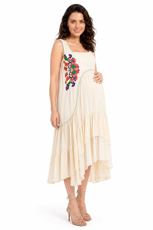 Kadın Ekru Nakışlı Hamile Elbisesi Kolsuz Yazlık Bohem Rahat Kesim Elbise