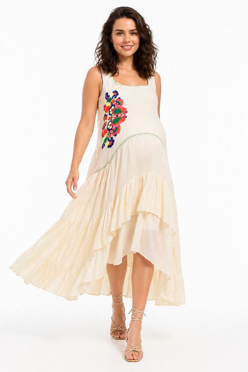 Kadın Ekru Nakışlı Hamile Elbisesi Kolsuz Yazlık Bohem Rahat Kesim Elbise