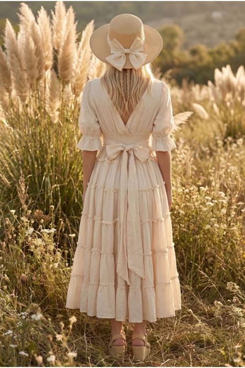 Kadın Hamile Çekim Elbisesi Kruvaze Yaka Ham Pamuklu Bohem Uzun Elbise