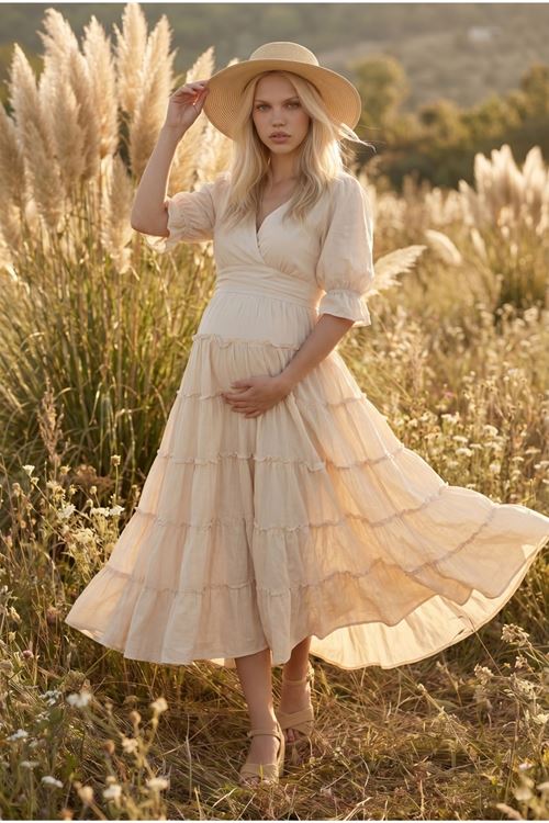 Kadın Hamile Çekim Elbisesi Kruvaze Yaka Ham Pamuklu Bohem Uzun Elbise