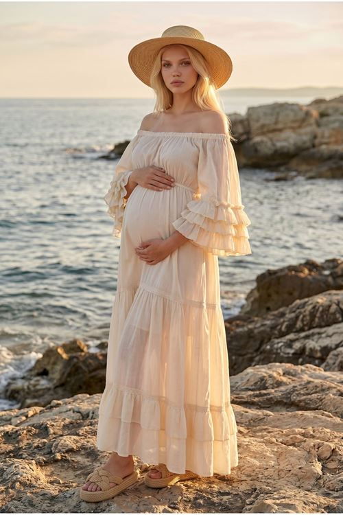 Kadın Hamile Çekim Elbisesi Madonna Yaka Fırfır Detaylı Çok Katlı Kol Ham Pamuk Uzun Elbise
