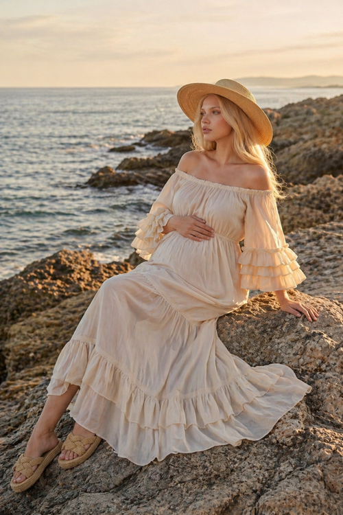 Kadın Hamile Çekim Elbisesi Madonna Yaka Fırfır Detaylı Çok Katlı Kol Ham Pamuk Uzun Elbise