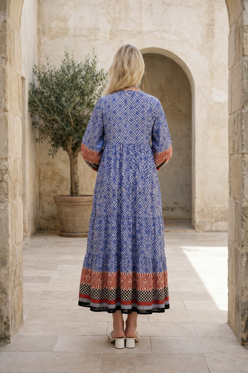 Kadın Püsküllü Yaka Pamuklu Hamile Elbisesi Marin Desenli Uzun Kollu Yazlık Elbise