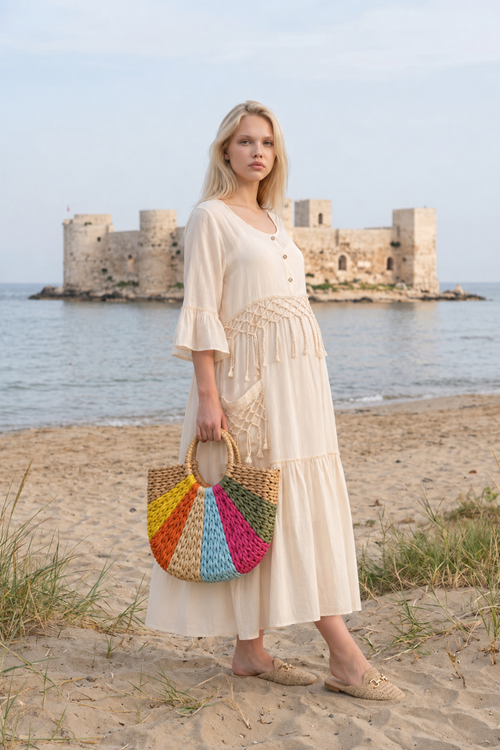 Women’s Raw Cotton Maternity Dress Ecru Boho Maxi Lined with Pockets Summer Dress