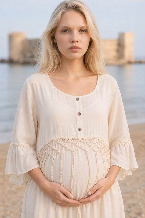 Kadın Ham Pamuk Hamile Elbisesi Ekru Bohem Uzun Cepli Astarlı Yazlık Elbise