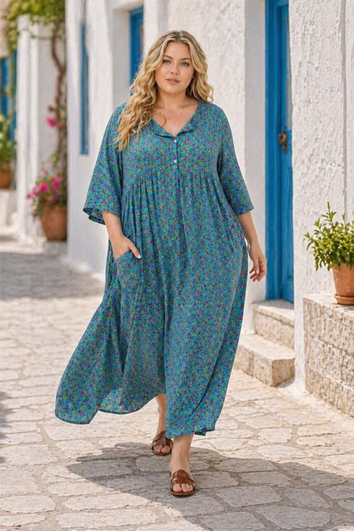 Kadın Büyük Beden Pamuklu Viskon Çiçek Desenli Düğmeli Cepli Turkuaz Yazlık Elbise