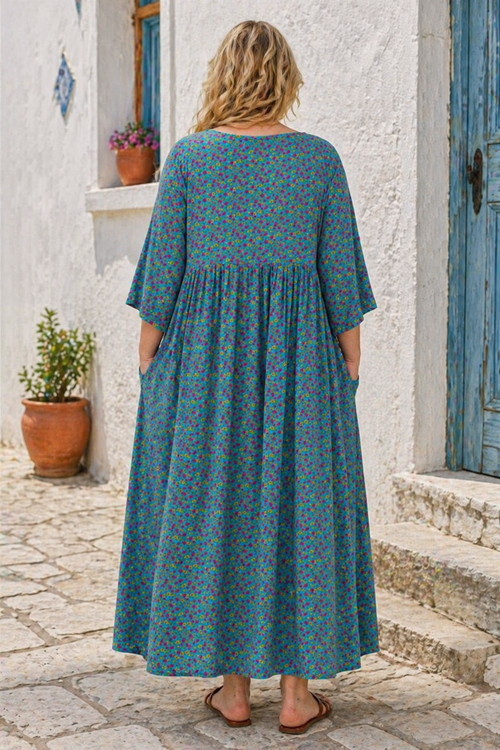 Kadın Büyük Beden Pamuklu Viskon Çiçek Desenli Düğmeli Cepli Turkuaz Yazlık Elbise