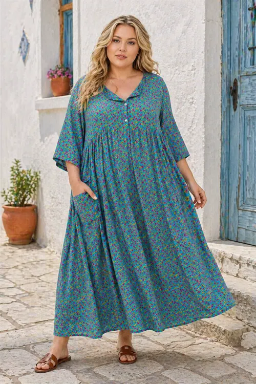 Women Plus Size Cotton Viscose Floral Turquoise Summer Dress