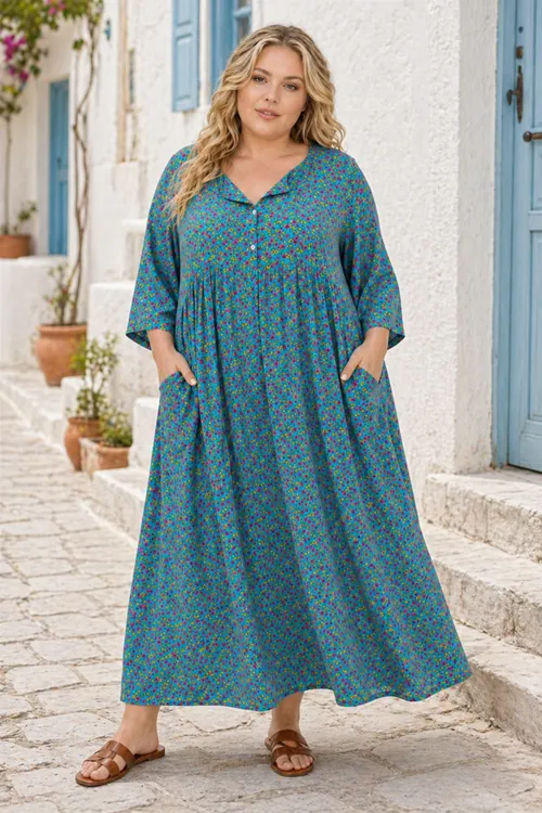 Women Plus Size Cotton Viscose Floral Turquoise Summer Dress
