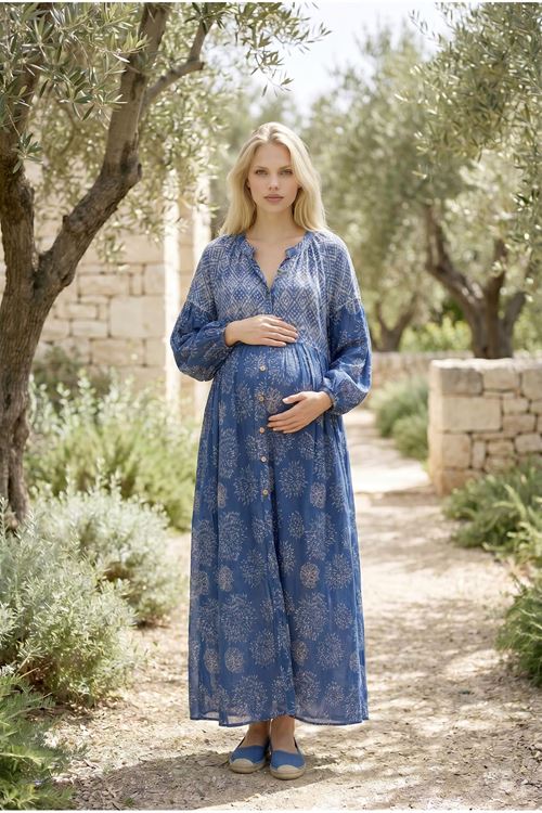 Women Blue Mandarin Collar Maternity Shirt Dress Balloon Sleeve Summer