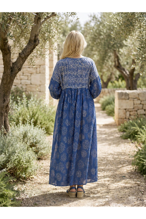 Women Blue Mandarin Collar Maternity Shirt Dress Balloon Sleeve Summer