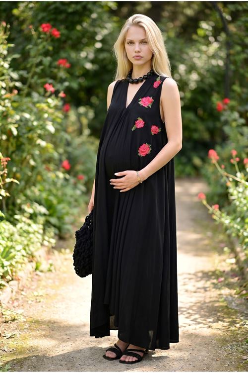 Women Black Embroidered Viscose Maternity Dress Sleeveless Long Summer