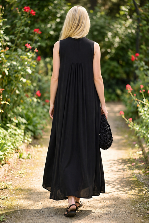 Women Black Embroidered Viscose Maternity Dress Sleeveless Long Summer