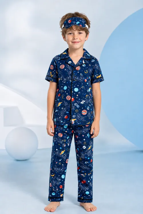 Boys Navy Space-Themed Button-Up Pajama Set Summer Cotton Short Sleeve with Sleep Mask