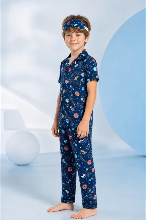 Erkek Çocuk Lacivert Uzay Temalı Düğmeli Pijama Takımı Yazlık Pamuklu Kısa Kollu Uyku Bantlı