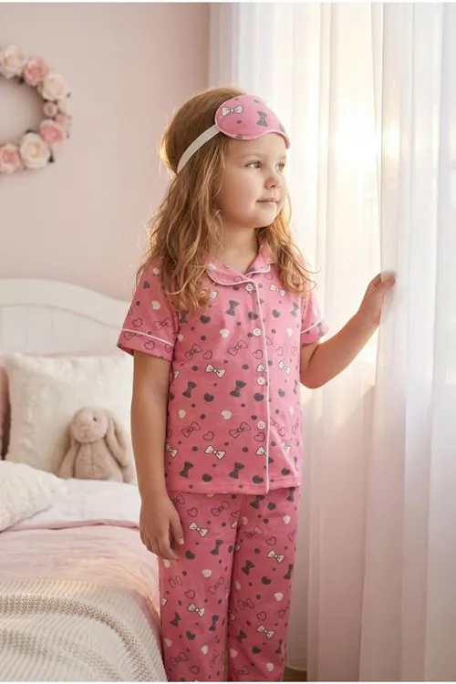 Kız Çocuk Pembe Düğmeli Pijama Takımı Yazlık Pamuklu Kısa Kollu Uyku Bantlı
