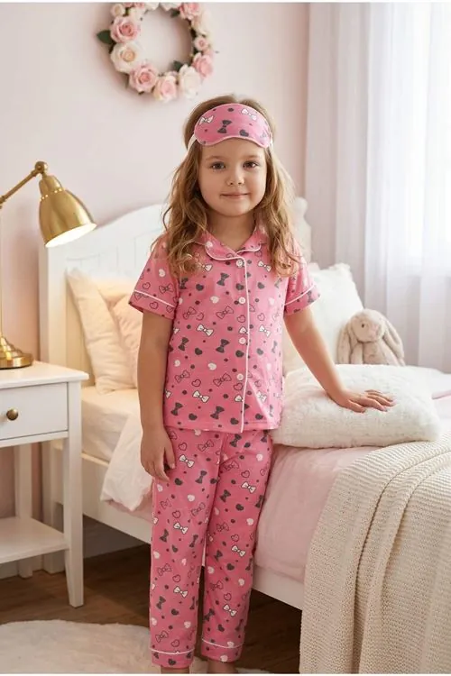 Girls Pink Button-Up Summer Pajama Set Cotton Short Sleeve with Sleep Mask
