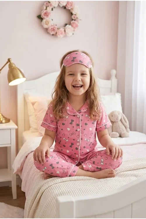Kız Çocuk Pembe Düğmeli Pijama Takımı Yazlık Pamuklu Kısa Kollu Uyku Bantlı