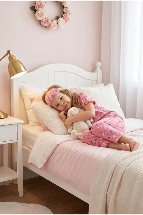 Kız Çocuk Pembe Düğmeli Pijama Takımı Yazlık Pamuklu Kısa Kollu Uyku Bantlı