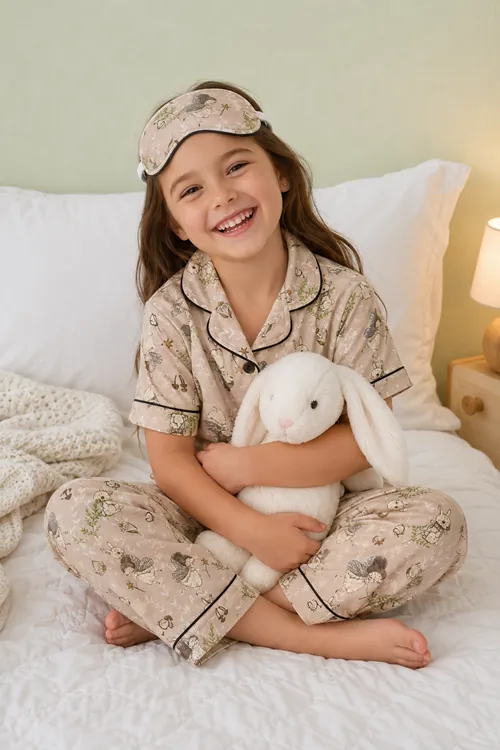  Tavşanlı ve Peri Kızı Desenli Kız Çocuk Düğmeli Pijama Takımı Yazlık Pamuklu Kısa Kollu Uyku Bantlı
