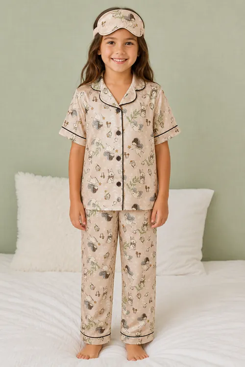  Tavşanlı ve Peri Kızı Desenli Kız Çocuk Düğmeli Pijama Takımı Yazlık Pamuklu Kısa Kollu Uyku Bantlı