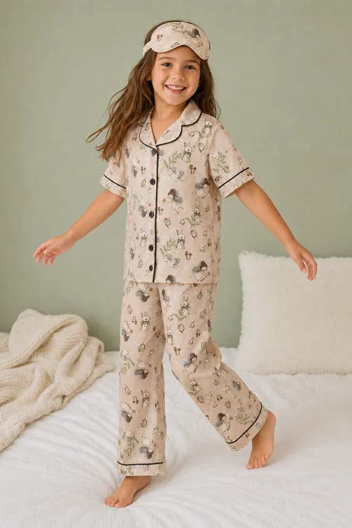  Tavşanlı ve Peri Kızı Desenli Kız Çocuk Düğmeli Pijama Takımı Yazlık Pamuklu Kısa Kollu Uyku Bantlı