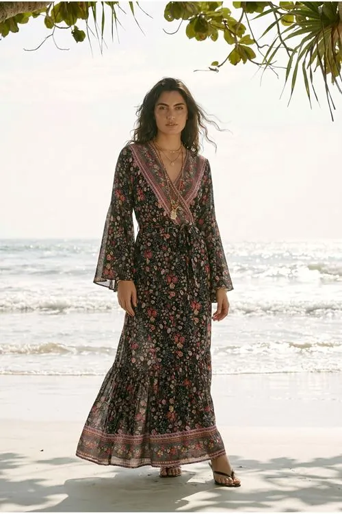 Floral Black Viscose Kimono Dress Summer Long Wrap Neck Belted Boho Plus Size Style
