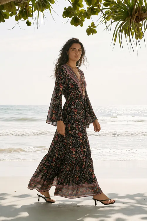 Floral Black Viscose Kimono Dress Summer Long Wrap Neck Belted Boho Plus Size Style