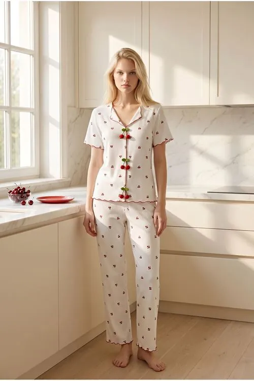 Kadın Kiraz Düğmeli Desenli Pijama Takımı Beyaz Yazlık Kısa Kollu Fitilli Model