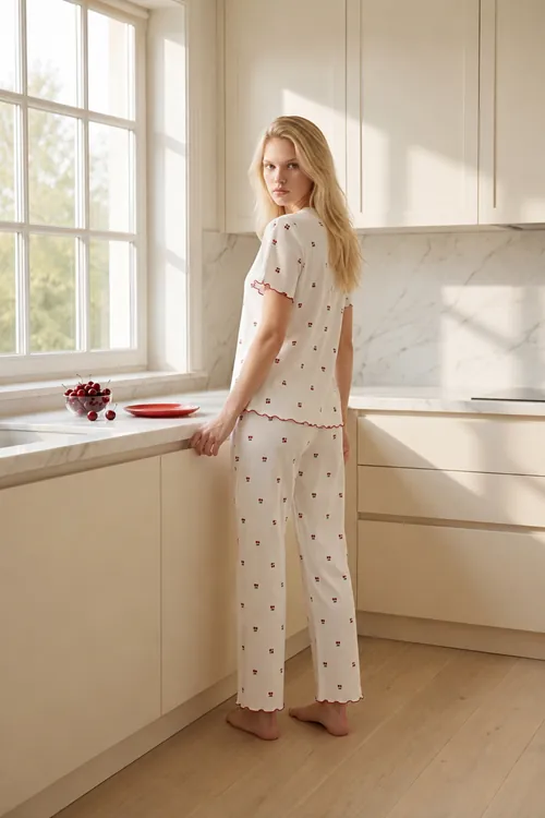 Kadın Kiraz Düğmeli Desenli Pijama Takımı Beyaz Yazlık Kısa Kollu Fitilli Model