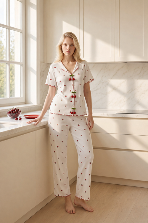 Women Cherry Button Patterned Pajama Set White Summer Short Sleeve Ribbed Model