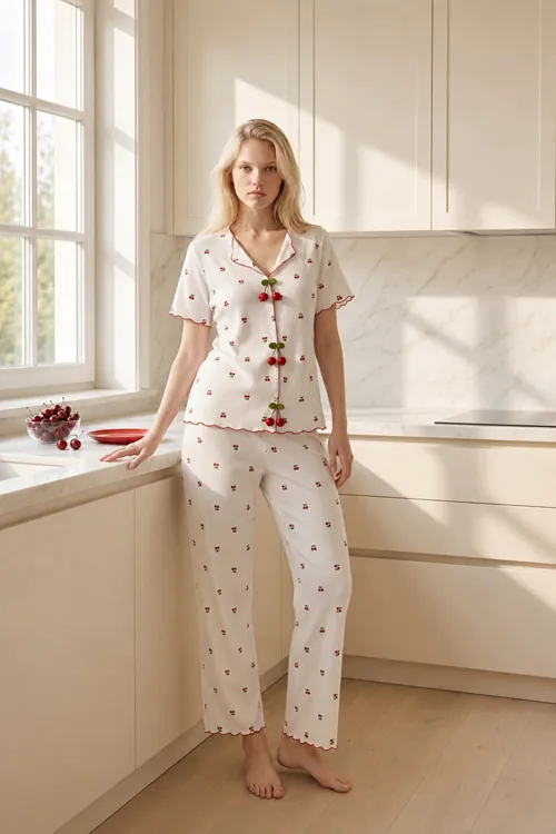 Kadın Kiraz Düğmeli Desenli Pijama Takımı Beyaz Yazlık Kısa Kollu Fitilli Model