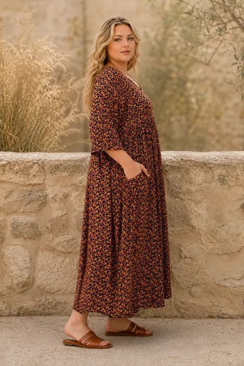 Plus Size Women Black Viscose Dress Summer Long Pocket Floral Print Relaxed Fit