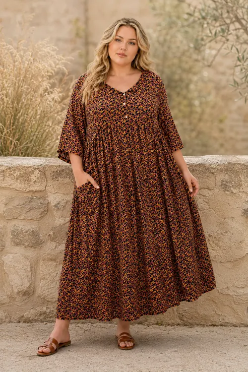 Plus Size Women Black Viscose Dress Summer Long Pocket Floral Print Relaxed Fit