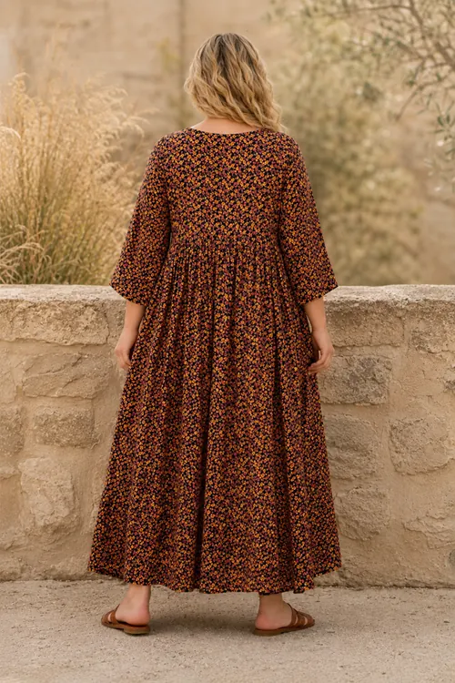 Plus Size Women Black Viscose Dress Summer Long Pocket Floral Print Relaxed Fit