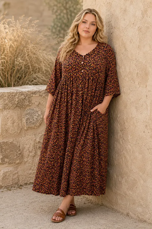 Plus Size Women Black Viscose Dress Summer Long Pocket Floral Print Relaxed Fit
