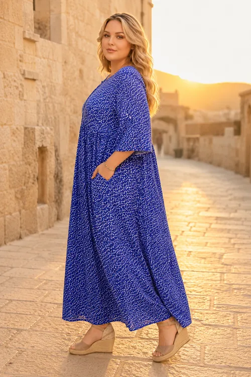 Plus Size Women Navy Viscose Dress Summer Long Buttoned Pocket Ditsy Floral Print