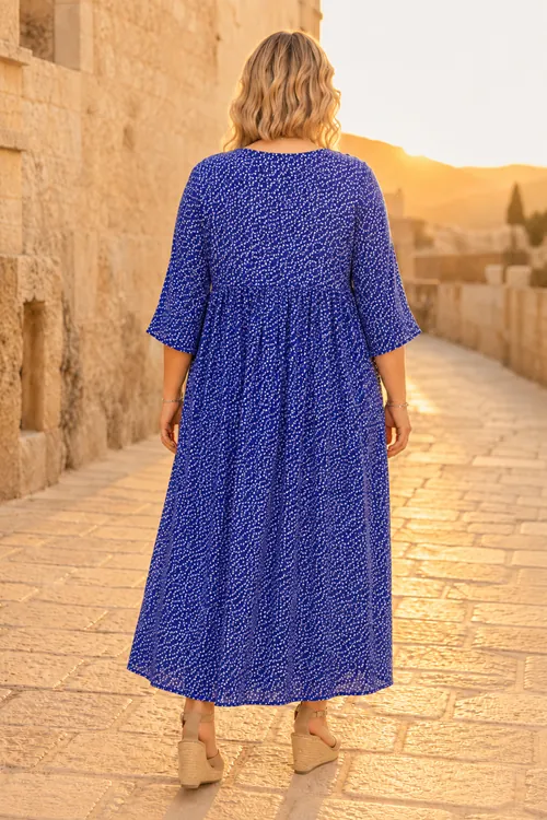 Plus Size Women Navy Viscose Dress Summer Long Buttoned Pocket Ditsy Floral Print