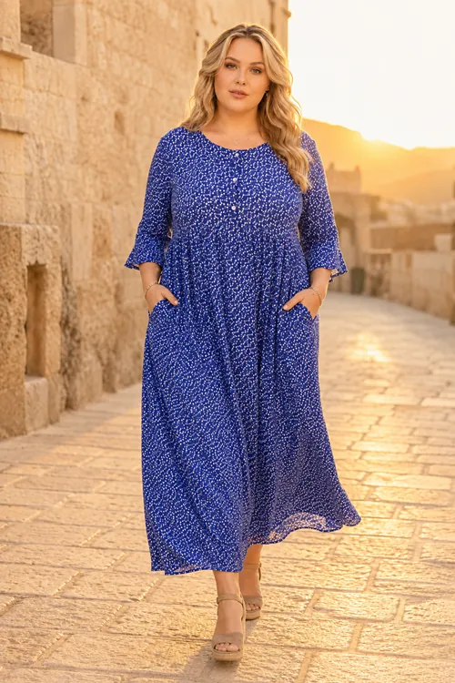 Plus Size Women Navy Viscose Dress Summer Long Buttoned Pocket Ditsy Floral Print