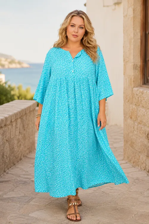 Plus Size Women Turquoise Viscose Dress Summer Long Buttoned Pocket Ditsy Floral Print
