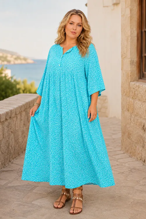 Plus Size Women Turquoise Viscose Dress Summer Long Buttoned Pocket Ditsy Floral Print